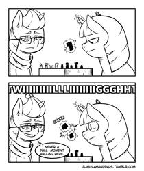 Size: 1859x2216 | Tagged: safe, artist:raph13th, imported from derpibooru, moondancer, twilight sparkle, pony, unicorn, comic:glim glam and pals, 2 panel comic, black and white, chess, comic, dialogue, duo, grayscale, levitation, magic, monochrome, offscreen character, screaming, smiling, telekinesis, tumblr