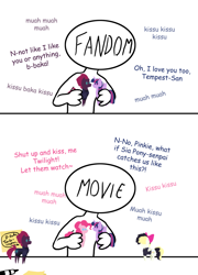 Size: 1142x1588 | Tagged: safe, artist:ravenpuff, imported from derpibooru, pinkie pie, songbird serenade, tempest shadow, twilight sparkle, alicorn, earth pony, pegasus, pony, unicorn, my little pony: the movie, armor, baka, blatant lies, broken horn, comic, comic sans, drama bait, emily blunt, eye scar, female, kissu, lesbian, mare, mwah, pointy ponies, scar, senpai, shipper on deck, shipping, sia (singer), tempestlight, tsundere, tsundere shadow, twilight sparkle (alicorn), twinkie