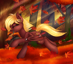 Size: 2300x2000 | Tagged: safe, artist:kruszyna25, artist:kruszynka25, imported from derpibooru, oc, oc only, oc:picture perfect, bat pony, bird, pony, autumn, female, forest, happy, leaves, mare, running, smiling, solo, sunshine, tree, ych result