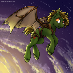 Size: 2000x2000 | Tagged: safe, artist:yarugreat, imported from derpibooru, oc, oc only, oc:flare, earth pony, pony, artificial wings, augmented, cloud, female, flying, mare, mechanical wing, solo, stars, unshorn fetlocks, wings, ych result