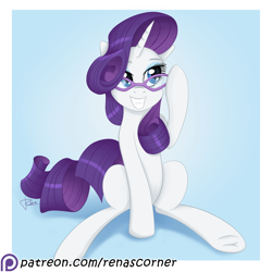 Size: 2000x2000 | Tagged: safe, artist:puggie, artist:renaphin, imported from derpibooru, rarity, pony, unicorn, female, glasses, grin, patreon, patreon logo, patreon reward, simple background, smiling, solo