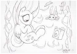 Size: 1073x759 | Tagged: safe, artist:sherwoodwhisper, imported from derpibooru, angel bunny, fluttershy, pegasus, pony, clock, duo, falling, folded wings, freefall, hooves to the chest, ink, inktober, inktober 2017, lineart, looking down, monochrome, playing card, rabbit hole, traditional art