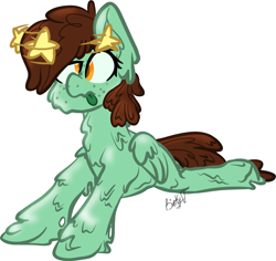 Size: 1487x1403 | Tagged: safe, artist:binkyt11, derpibooru exclusive, imported from derpibooru, oc, oc only, oc:sweet mint, goo pony, original species, pegasus, pony, dizzy, female, freckles, goo ponified, mare, medibang paint, prone, simple background, solo, species swap, stars, tongue out, white background