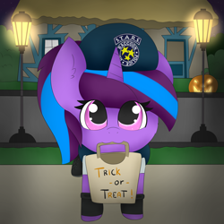 Size: 1280x1280 | Tagged: safe, artist:miss-jessiie, artist:pegamutt, imported from derpibooru, oc, oc only, oc:lavender sundown, unicorn, female, filly, halloween, holiday, resident evil, solo, stars(resident evil), trick or treat