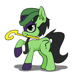 Size: 1400x1400 | Tagged: safe, artist:countryroads, imported from derpibooru, oc, oc only, oc:filly anon, pony, clothes, cosplay, costume, female, filly, raised hoof, simple background, solo, the riddler, white background