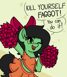 Size: 800x920 | Tagged: source needed, useless source url, safe, artist:plunger, imported from derpibooru, oc, oc only, oc:filly anon, earth pony, pony, /mlp/, bow, cheering, cheerleader, chest fluff, clothes, dialogue, faggot, female, filly, hair bow, kill yourself, midriff, one eye closed, open mouth, pom pom, short shirt, skirt, solo, talking, vulgar