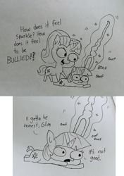 Size: 1676x2383 | Tagged: safe, artist:tjpones, imported from derpibooru, starlight glimmer, twilight sparkle, alicorn, pony, unicorn, sparkles! the wonder horse!, black and white, bully, bullying, comic, dialogue, duo, equal cutie mark, female, glowing horn, grayscale, lineart, magic, monochrome, onomatopoeia, poking, pure unfiltered evil, s5 starlight, sparkles, staff, staff of sameness, telekinesis, traditional art, twilight sparkle (alicorn)