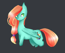 Size: 1600x1306 | Tagged: safe, artist:freeworldl, imported from derpibooru, oc, oc only, pegasus, pony, apple, black background, female, food, hair over one eye, mare, ponytail, simple background, solo, zap apple