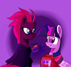 Size: 1800x1700 | Tagged: safe, artist:1racat, imported from derpibooru, fizzlepop berrytwist, tempest shadow, twilight sparkle, alicorn, pony, my little pony: the movie, broken horn, clothes, duo, magic, mug, sweater, telekinesis, twilight sparkle (alicorn)