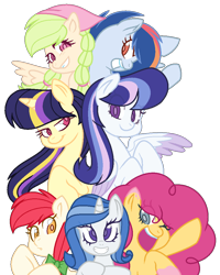 Size: 852x1064 | Tagged: safe, artist:cutiesparkle, imported from derpibooru, oc, oc only, oc:astral glow, oc:cherry changa, oc:floral daise, oc:red gala, oc:shimmering radiance, oc:solar dawn, oc:spectrum blaze, earth pony, pegasus, pony, unicorn, adopted offspring, base used, female, mare, offspring, parent:applejack, parent:cheese sandwich, parent:fancypants, parent:flash sentry, parent:flim, parent:fluttershy, parent:pinkie pie, parent:rainbow dash, parent:rarity, parent:soarin', parent:twilight sparkle, parents:cheesepie, parents:flashlight, parents:flimjack, parents:raripants, parents:soarindash