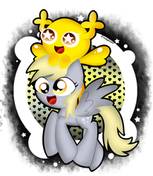 Size: 1300x1500 | Tagged: safe, artist:cloudyzu, imported from derpibooru, derpy hooves, pegasus, pony, crossover, cute, derpabetes, duo, female, flying, happy, holding head, penny fitzgerald, riding, starry eyes, the amazing world of gumball, wingding eyes