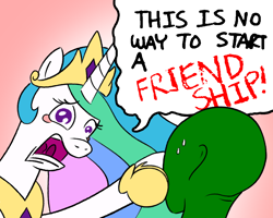 Size: 1000x800 | Tagged: safe, anonymous artist, derpibooru exclusive, imported from derpibooru, princess celestia, oc, oc:anon, alicorn, pony, faic, friendship, friendship lesson, open mouth, reaction image, shut up, speech bubble, sweat, teary eyes, wide eyes