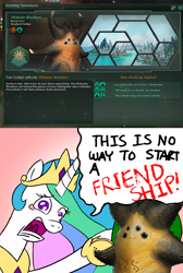 Size: 1008x1502 | Tagged: safe, anonymous artist, imported from derpibooru, princess celestia, friendship lesson, obligatory pony, speech bubble, stellaris, teary eyes, text