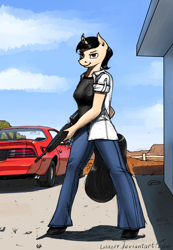 Size: 1600x2306 | Tagged: safe, artist:apocheck13, imported from derpibooru, oc, oc only, oc:elya, anthro, unicorn, anthro oc, ar15, assault rifle, bellbottoms, clothes, desert, female, grand canyon, gun, happy because she own a fantastic american-made firearm, jeans, m16, m16a2, pants, pontiac, pontiac firebird, rifle, weapon