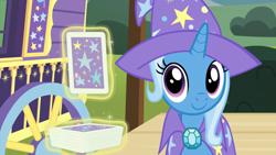 Size: 1920x1080 | Tagged: safe, imported from derpibooru, screencap, trixie, pony, unicorn, uncommon bond, c:, cape, card, clothes, cute, diatrixes, female, hat, implied sunburst, magic, mare, smiling, telekinesis, trixie's cape, trixie's hat