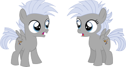 Size: 8938x4755 | Tagged: safe, artist:cyanlightning, imported from derpibooru, chipcutter, pegasus, pony, absurd resolution, chisel (r63), colt, confused, duo, female, filly, looking at each other, male, rule 63, simple background, transparent background, vector