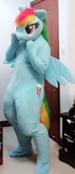 Size: 654x1519 | Tagged: safe, artist:rogerdaily, imported from derpibooru, rainbow dash, human, clothes, cosplay, costume, fursuit, irl, irl human, photo, ponysuit, solo