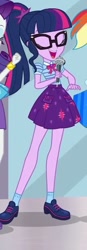 Size: 295x846 | Tagged: safe, imported from derpibooru, screencap, sci-twi, twilight sparkle, a fine line, equestria girls, equestria girls series, clothes, converse, cropped, eyes closed, female, geode of telekinesis, glasses, microphone, ponytail, shoes, skirt, socks