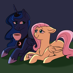 Size: 5000x5000 | Tagged: safe, artist:hyperion-jack, imported from derpibooru, fluttershy, princess luna, alicorn, pegasus, pony, absurd resolution, cup, female, floppy ears, folded wings, food, lesbian, looking at each other, lunashy, mare, missing cutie mark, prone, shipping, smiling, tea, teacup