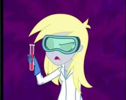 Size: 441x347 | Tagged: safe, imported from derpibooru, screencap, derpy hooves, equestria girls, friendship games, clothes, cropped, eyes closed, female, goggles, imminent explosion, lab coat, science