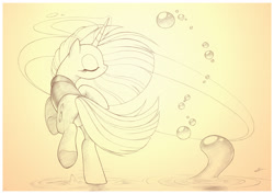 Size: 1789x1265 | Tagged: safe, artist:sherwoodwhisper, imported from derpibooru, oc, oc only, oc:eri, pony, unicorn, bubble, cape, clothes, eyes closed, female, filly, head turn, monochrome, rear view, solo, traditional art, turned head