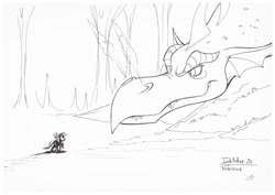 Size: 1073x759 | Tagged: safe, artist:sherwoodwhisper, imported from derpibooru, basil, rainbow dash, dragon, pegasus, pony, dragonshy, female, inktober, inktober 2017, looking at each other, male, mare, monochrome, red dragon