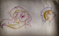 Size: 2493x1535 | Tagged: safe, artist:driftblades, imported from derpibooru, flash sentry, sunset shimmer, female, lineart, male, traditional art