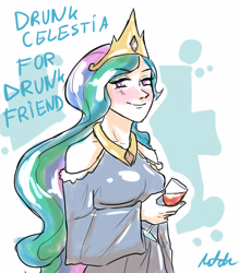 Size: 2001x2286 | Tagged: safe, artist:daily-happiness, imported from derpibooru, princess celestia, human, blushing, crown, drunk, female, humanized, jewelry, necklace, regalia, solo