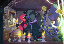 Size: 1000x684 | Tagged: safe, artist:pixelkitties, imported from derpibooru, big macintosh, discord, showtime, squizard, trixie, twilight sparkle, bee, earth pony, pony, squid, bouquet, bust, candle, chess piece, clothes, costume, crossdressing, dark room, dice, discord lamp, elvira, halloween, holiday, male, nightmare night, orchard blossom, parody, peter new, pixelkitties' brilliant autograph media artwork, portrait, scepter, stallion, trixie scepter, twilight scepter