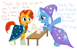 Size: 1200x800 | Tagged: safe, artist:mightyshockwave, imported from derpibooru, sunburst, trixie, pony, unicorn, uncommon bond, bit, clothes, coin, cup, dialogue, magic trick, simple background, table, white background