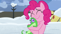 Size: 1280x720 | Tagged: safe, imported from derpibooru, screencap, gummy, pinkie pie, alligator, pony, not asking for trouble, happy, hug, snow