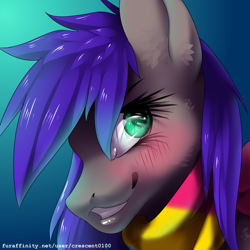 Size: 2000x2000 | Tagged: safe, artist:crescent0100, imported from derpibooru, oc, oc only, oc:coaldust, earth pony, pony, blushing, bust, clothes, pansexual pride flag, scarf, solo