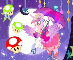 Size: 1000x818 | Tagged: source needed, safe, artist:pixelkitties, imported from derpibooru, princess cadance, alicorn, pony, 1-up mushroom, clothes, costume, crossover, cute, cutedance, ear piercing, earring, female, halloween, halloween costume, holiday, jewelry, piercing, princess peach, solo, super mario bros., super mushroom