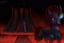 Size: 4000x2700 | Tagged: safe, artist:skitsniga, artist:skitsroom, imported from derpibooru, tempest shadow, twilight sparkle, twilight sparkle (alicorn), alicorn, pony, my little pony: the movie, armor, broken horn, cage, crying, electricity, open up your eyes, scene interpretation