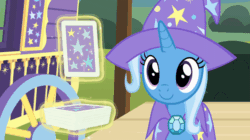 Size: 864x484 | Tagged: safe, imported from derpibooru, screencap, trixie, pony, unicorn, season 7, uncommon bond, animated, blinking, brooch, c:, cape, card, card trick, clothes, cute, diabetes, diatrixes, female, gif, gifs.com, hat, head shake, implied sunburst, it keeps happening, jewelry, levitation, loop, magic, magic trick, mare, no, nope, perfect loop, playing card, smiling, solo, telekinesis, trixie's brooch, trixie's cape, trixie's hat, trixie's wagon, wagon, weapons-grade cute