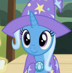 Size: 477x482 | Tagged: safe, imported from derpibooru, screencap, trixie, pony, unicorn, uncommon bond, animated, c:, cape, clothes, cropped, cute, diatrixes, female, gif, hat, head shake, implied sunburst, levitation, loop, magic, mare, no, smiling, solo, telekinesis, trixie's cape, trixie's hat