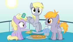 Size: 11200x6400 | Tagged: safe, artist:parclytaxel, imported from derpibooru, crackle pop, derpy hooves, dinky hooves, genie, genie pony, pegasus, pony, unicorn, .svg available, absurd resolution, balcony, bottle, brother and sister, colt, equestria's best family, equestria's best mother, female, filly, food, ham, levitation, like mother like daughter, like mother like son, like parent like child, magic, male, mare, meat, mother and daughter, mother and son, muffin, pizza, ponies eating meat, prosciutto, sitting, smiling, spinach, sun, telekinesis, vector