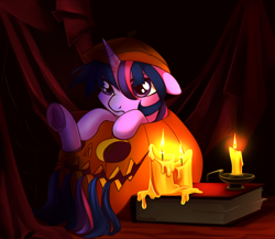 Size: 1186x1028 | Tagged: safe, artist:taneysha, imported from derpibooru, twilight sparkle, pony, book, candle, clothes, costume, cute, female, halloween, halloween costume, holiday, jack-o-lantern, mare, pumpkin, solo, stuck, twiabetes, unamused, underhoof