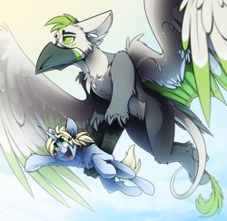 Size: 3340x3263 | Tagged: source needed, safe, artist:ralek, imported from derpibooru, oc, oc only, oc:art's desire, oc:ralek, griffon, pony, unicorn, carrying, cute, flying, high res, holding a pony, large wings, leonine tail, open mouth, simple background, size difference, sky, talons, tongue out, wings