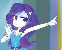 Size: 997x810 | Tagged: safe, artist:windymils, imported from derpibooru, rarity, equestria girls, equestria girls series, super squad goals, armpits, arms in the air, clothes, dress, eyeshadow, female, hands in the air, makeup, pointing, rarity peplum dress, redraw, scene interpretation, sleeveless, sleeveless dress, solo