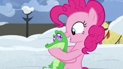 Size: 1280x720 | Tagged: safe, imported from derpibooru, screencap, gummy, pinkie pie, pony, not asking for trouble, happy, hug, snow