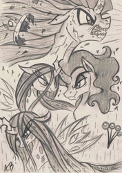 Size: 1617x2290 | Tagged: safe, artist:rossmaniteanzu, imported from derpibooru, king sombra, queen chrysalis, changeling, changeling queen, pony, unicorn, antagonist, chrysombra, crown, duo, female, gray background, grayscale, jewelry, male, monochrome, open mouth, pencil drawing, rain, regalia, screaming, sharp teeth, shipping, simple background, stallion, straight, teeth, traditional art