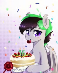 Size: 1348x1700 | Tagged: safe, artist:kaylemi, imported from derpibooru, oc, oc only, oc:night wing, bat pony, birthday, birthday cake, cake, female, food, happy, solo, strawberry, wings