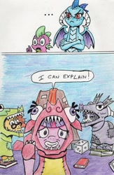 Size: 636x974 | Tagged: safe, artist:kuroneko, derpibooru exclusive, imported from derpibooru, maud pie, princess ember, spike, sunburst, twilight sparkle, alicorn, dragon, earth pony, pony, unicorn, uncommon bond, ..., awkward, board game, book, colored pencil drawing, dice, disguise, dragon costume, dragon pit, dragoness, female, i can explain, shocked, traditional art, we're a culture not a costume