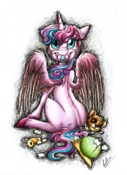 Size: 1813x2488 | Tagged: safe, artist:lupiarts, imported from derpibooru, princess flurry heart, whammy, alicorn, pony, abuse, female, mare, my creepy pony, pacifier, solo, stuffing, teddy bear, torn, toy, toy abuse