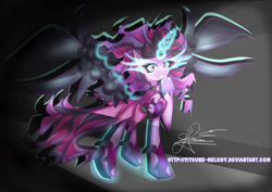 Size: 1280x908 | Tagged: safe, artist:yitsune-melody, imported from derpibooru, sci-twi, twilight sparkle, pony, equestria girls ponified, female, glowing eyes, glowing horn, midnight sparkle, ponified, raised hoof, solo