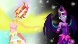 Size: 1024x576 | Tagged: safe, artist:rainbowsmile6, imported from derpibooru, sci-twi, sunset shimmer, twilight sparkle, equestria girls, friendship games, clothes, daydream shimmer, dress, duo, midnight sparkle