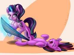 Size: 1024x761 | Tagged: safe, artist:foughtdragon01, imported from derpibooru, starlight glimmer, twilight sparkle, pony, unicorn, crying, dragging, duo, eyes closed, female, grabbing, kicking, magic, mare, on back, open mouth, simple background, smiling, tail, tail pull, telekinesis, whining