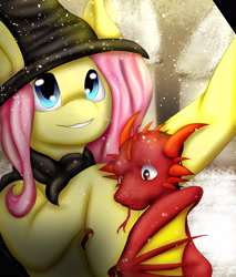 Size: 4000x4700 | Tagged: safe, artist:fandomsoverfall, imported from derpibooru, fluttershy, dragon, pegasus, pony, absurd resolution, crossover, cute, fanart mashup challenge, female, forked tongue, harry potter, harry potter (series), hogwarts, mare, selfie, shyabetes, tongue out