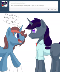 Size: 1800x2172 | Tagged: safe, artist:anonopony, imported from derpibooru, oc, oc only, oc:anonopony, oc:crate, pony, unicorn, ask, clothes, dialogue, duo, duo male, glasses, male, necktie, sequence, shirt, simple background, tumblr, weight gain sequence, white background
